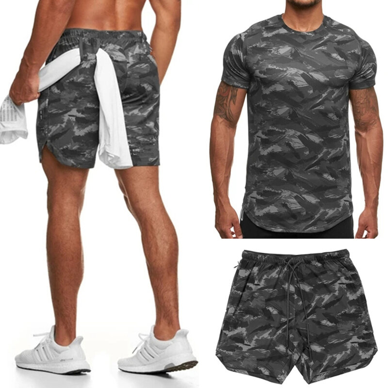 2021 verão nova camiseta calças esportivas masculinas de duas peças de corrida de ginásio roupas esportivas marca terno de treino terno de trilha