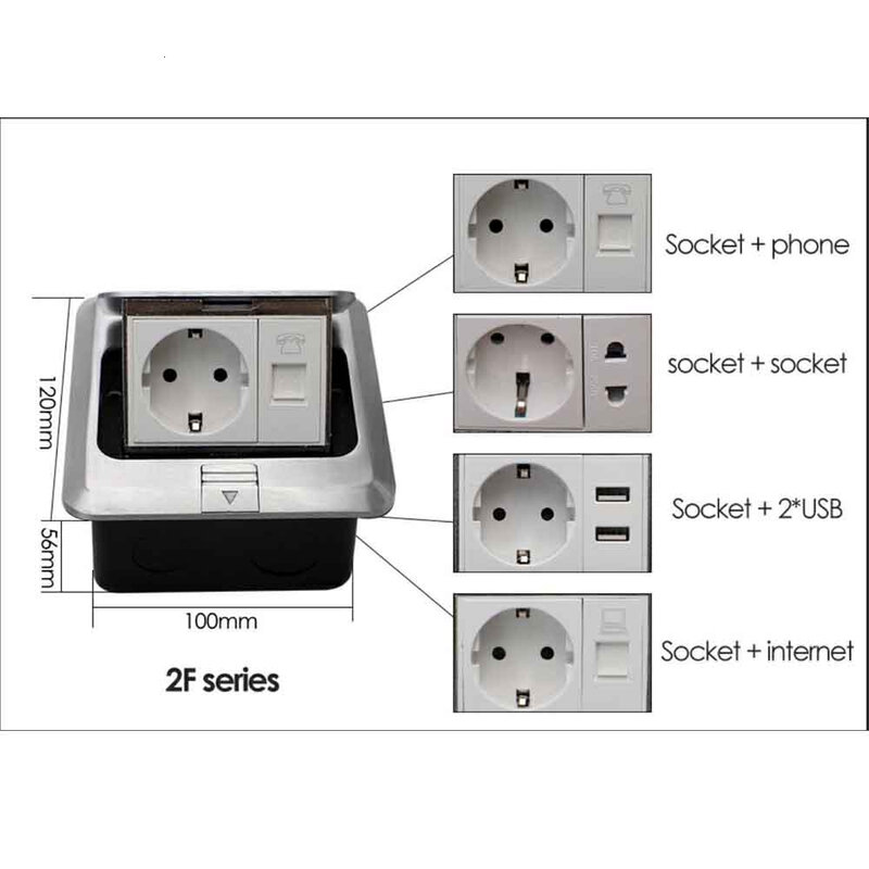 Enchufe de piso emergente rápido/lento estándar de la UE 10A, enchufes USB para teléfono e Internet, interruptores eléctricos de 2 vías, toma de corriente