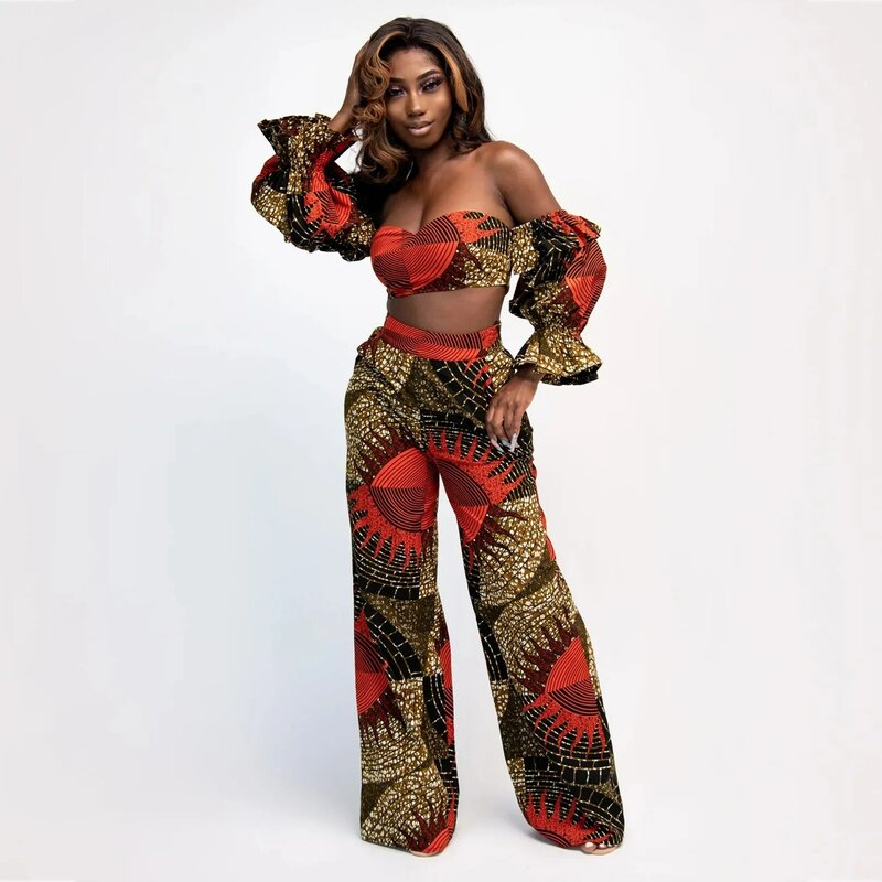 2021 New Digital Printing Collar with Two Sleeve Tops Loose Wide Leg Pants Casual Fashion Set African Print Dashiki Clothing 157