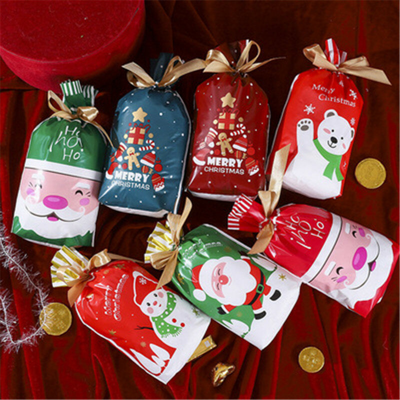 1-50pcs Christmas Plastic Candy Bags Santa Claus Elk Candy Sweet Treat Bags Xmas New Year Biscuit Bags Gift