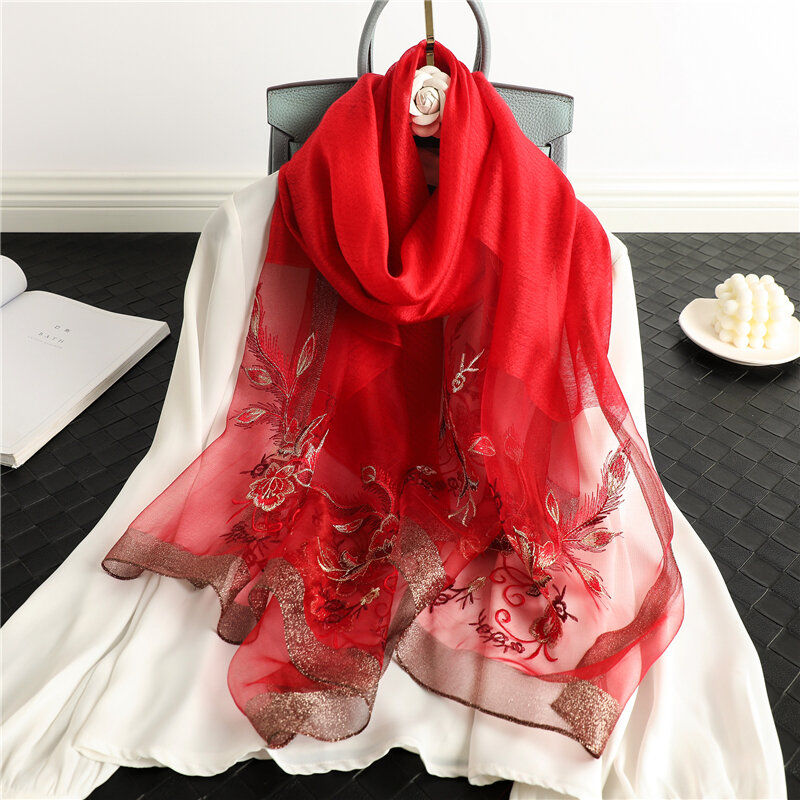 Foulard brodé en soie pour femmes musulmanes, 2021x70cm, grand châle enveloppant, Bandana pour dames, nouvelle collection 190