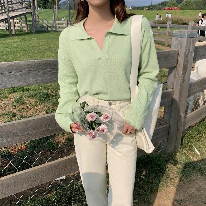 Solapa Jersey de rayas suéter coreano de primavera suelta estudiante Soft ceroso de manga larga suéter