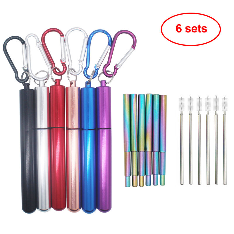 6 Sets Reusable Metal Straws Collapsible Stainless Steel Drinking Straw Portable Telescopile Telescopic Portable Drinking Straws