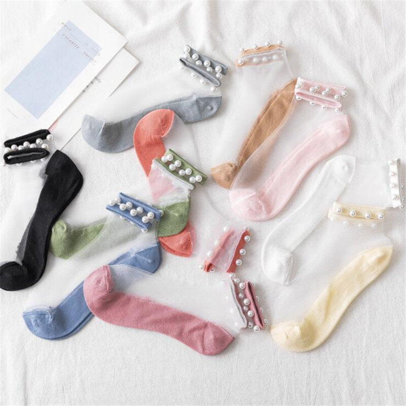 Neue Frauen Mode Transparente Seide Perle Socken Frühling Sommer Atmungs Niedlich Socken Kurze Spitze Sheer Socken Mädchen Weibliche Ins Meias