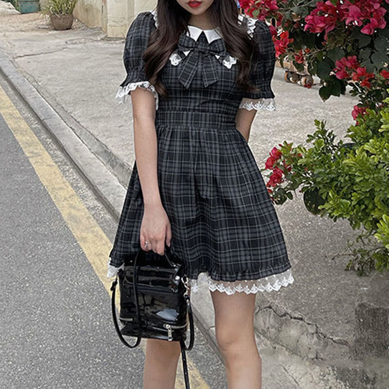 여름 일본 부드러운 소녀 귀여운 인형 칼라 활 슬림 허리 격자 무늬 드레스, 디아블로 고딕 하라주쿠 레이스 공주 카와이 로리타 드레스