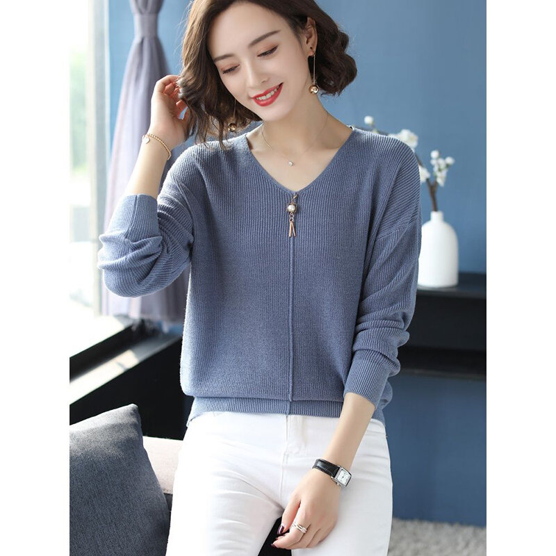Women Spring Autumn Style Pullover Sweater Lady Casual V-Neck Long Sleeve Loose Pullover Tops Sweater ZZ0243