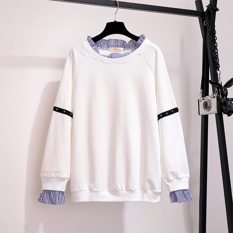 Pakaian Wanita Sweatshirt Ukuran Plus 21new Imitasi Dua Potong Leher Bulat Kasual Padat Berkerutan Lengan Panjang Harajuku Streetwear Hitam