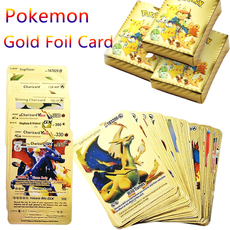 Carte de collection de cartes de jeu de société Pokemon, carte de feuille  d'or colorée, espagnol, anglais, jouet pour enfants, cadeau de Noël -  AliExpress