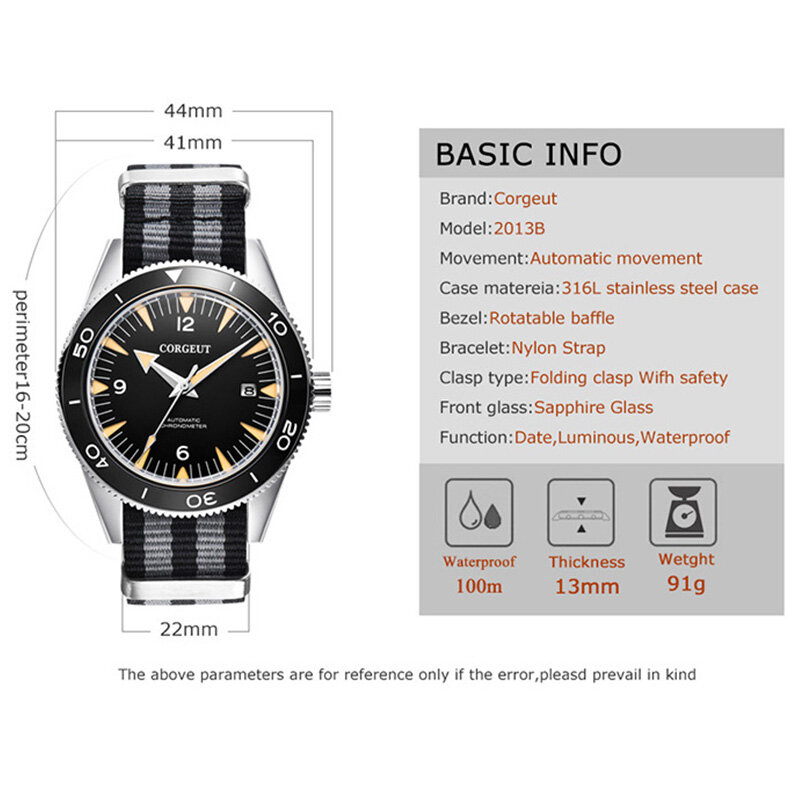 CORGEUT 2021 Diver Automatic Mechanical Watch Men's Luxury Brand Military Citizen Clock Stainless Steel Strap Luminous Watch Men