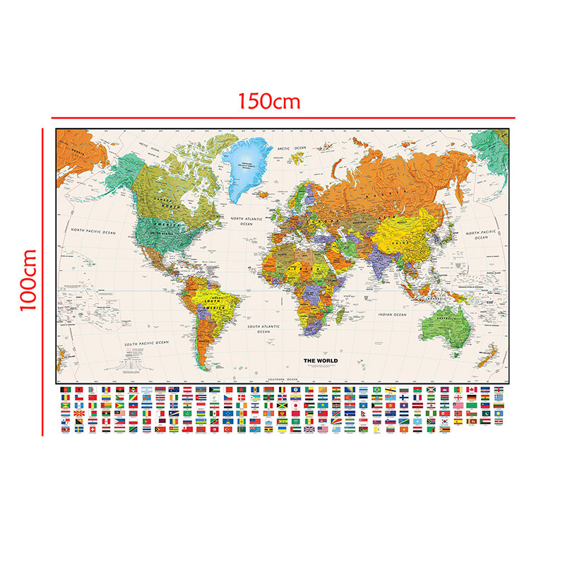 Mapa del mundo con banderas nacionales para decoración del hogar, lienzo Vintage para pared, póster artístico de tela no tejida, material escolar, 150x100cm