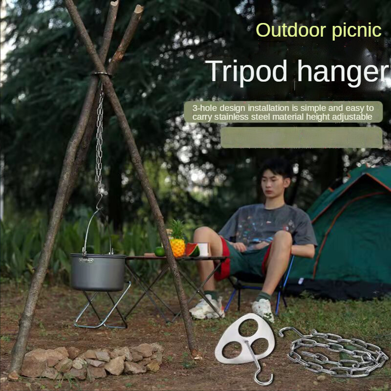 Anel de tripé acampamento ao ar livre ramo churrasco pendurado pote rack portátil aço inoxidável pendurado rack acampamento piquenique beber