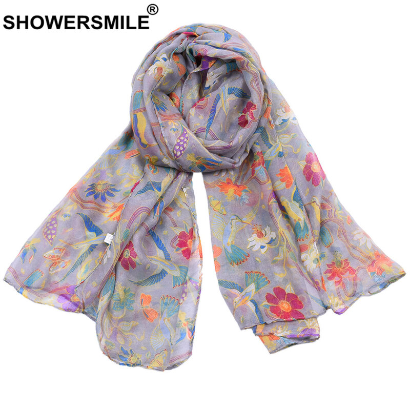 Женский шарф с цветочным принтом, Цветные Шарфы из вуали для весны и осени, женские шарфы