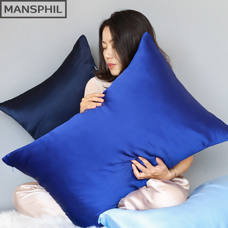 100% Real Silk Pillowcase with Hidden Zipper Luxury Standard Queen Body Size 60*60cm Square Cushion Cover Navy Blue Series