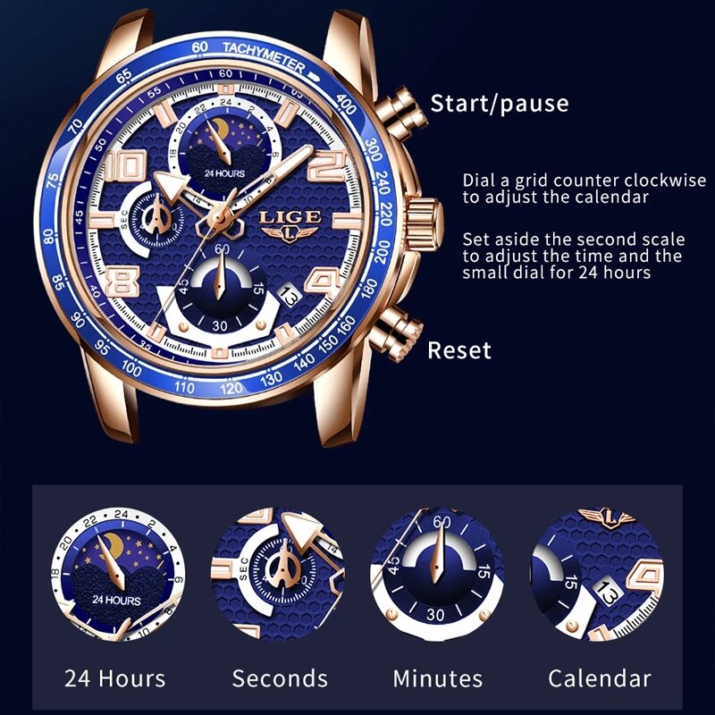 Часы наручные LIGE Мужские кварцевые, люксовые брендовые уникальные спортивные водонепроницаемые с датой, 2021