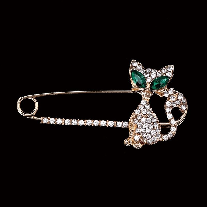 Fashion Brooches for Women Gold Animal Brooch Green Eye Crystal Cat Brooches Pin Jewelry Bride Wedding Gift