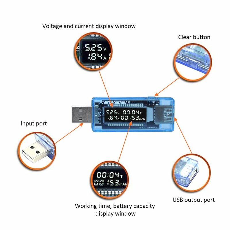 Voltímetro usb digital, amperímetro, testador de voltagem, com display lcd digital, medição de capacidade da bateria, indicador de carga usb