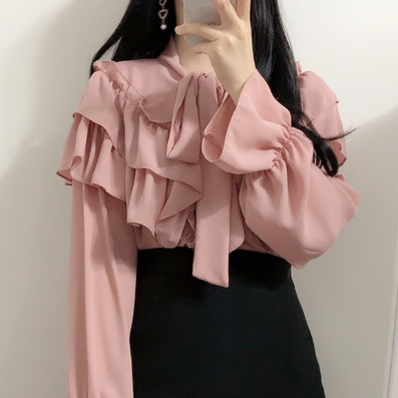 Coreano Chic camiseta de mujer nueva dulce hoja de loto, arco de encaje elegante de gasa Top