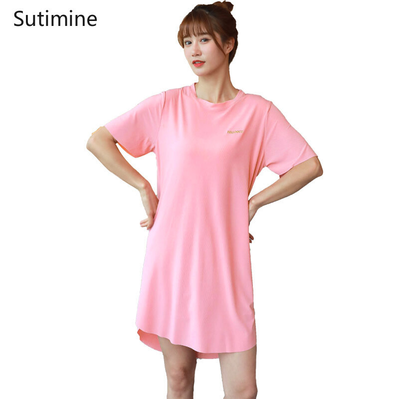 Ice Silk Nightdress Female Summer 2021 New Net Red Hot Style Sexy Mid-length Student Short Sleeve Home Wear Women Pajamas