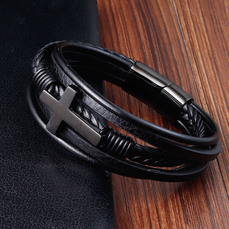 Klassische Design Kreuz Armbänder Männer Echtes Leder Edelstahl Magnet Verschluss Charms Hand Armband Homme männer Weihnachten Geschenke