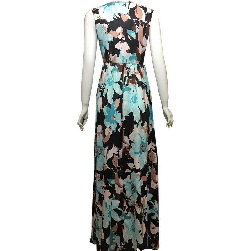 Mode Frauen Vestidos Ärmelloses Blumen Druck Maxi Kleid mit Taschen vestidos de mujer frauen kleider sommer 2021 Sommerkleid