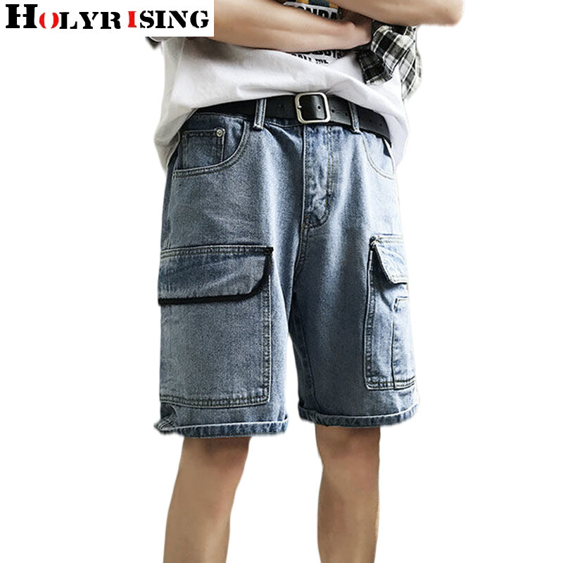 summer man denim shorts loose classic thin stretch short pockets fit jeans streetwear blue chic design knee length wear 19558
