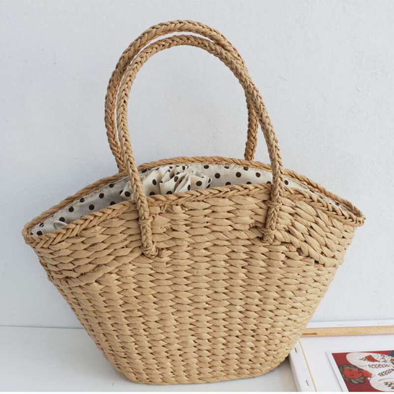 Bolsa de palha feminina, bolsa de verão com bolinhas para desenhar na moda, cesta de praia, 2021