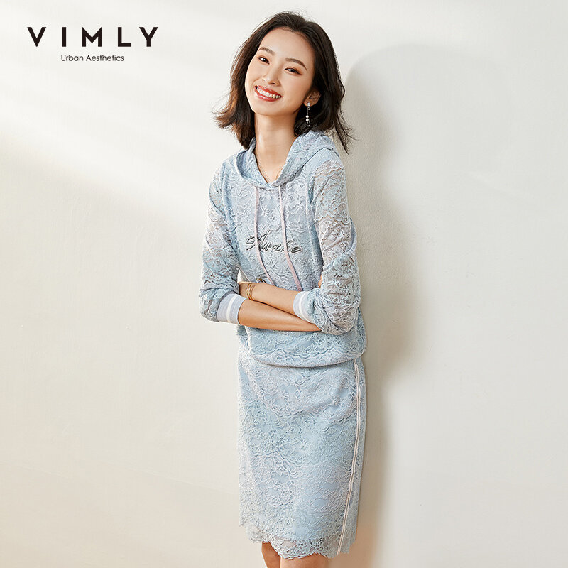 Vimly – sweat-shirt à capuche et jupe en dentelle brodée pour femme, vêtements décontractés, taille haute, ensemble deux pièces, F0107