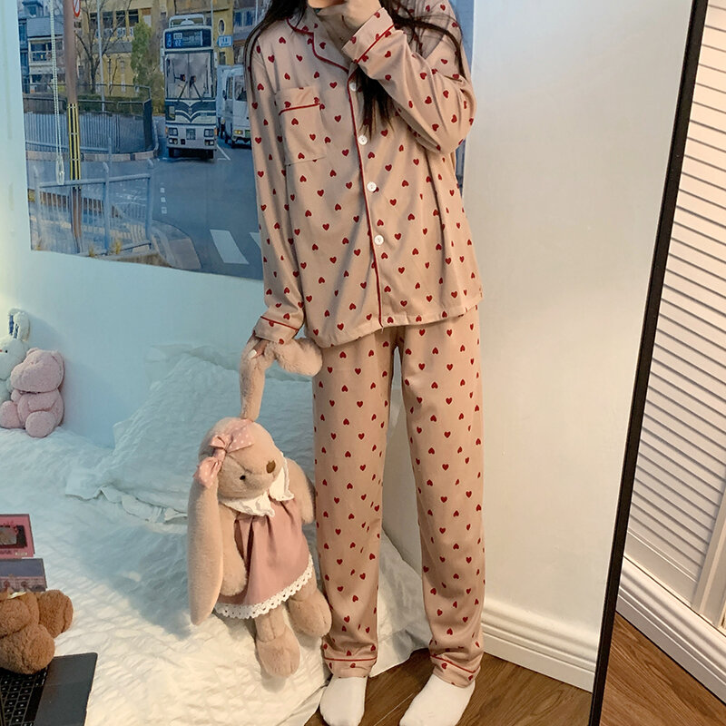 Coreano moda leopardo amor impressão pijamas para as mulheres outono 2021 algodão comfortabe casa conjunto de roupas de dormir topos