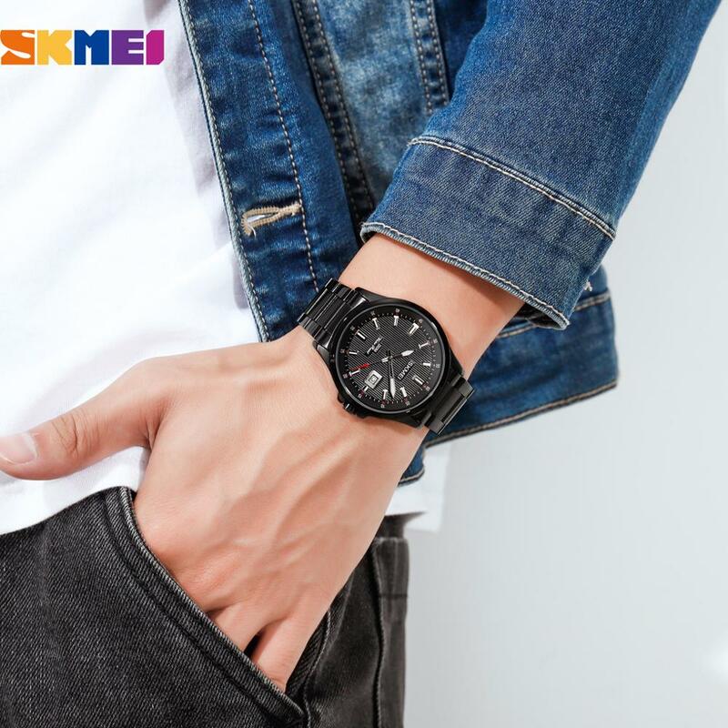 Skmei relógios de quartzo masculino relógio de pulso de aço inoxidável de luxo data de moda relógio de hora de negócios masculino design original reloj hombre