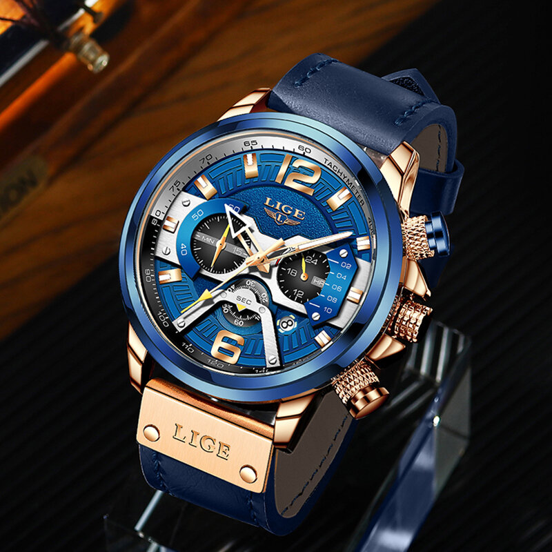 Lige relógios masculinos esportivos, azul, de pulso de couro, moda militar, marca de luxo, com cronógrafo
