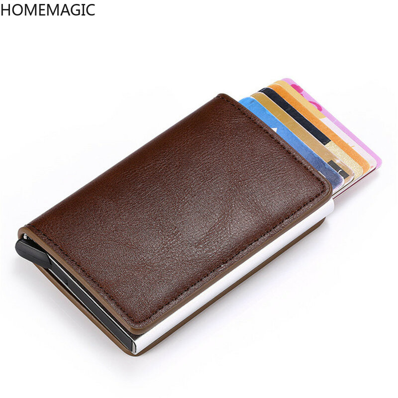 HOMEMAGIC 2021 New Style Simple Luxury Credit Card Holder Wallet Men Women Metal Crazy Horse PU Leather Bank Cardholder Case Bag