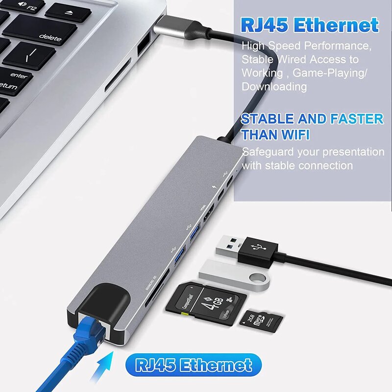 Concentrador de red USB tipo C 8 en 1, adaptador de 3,1 a 4K HDMI con RJ45 SD/lector de tarjetas TF PD, carga rápida Thunderbolt 3, base USB para MacBook Pro