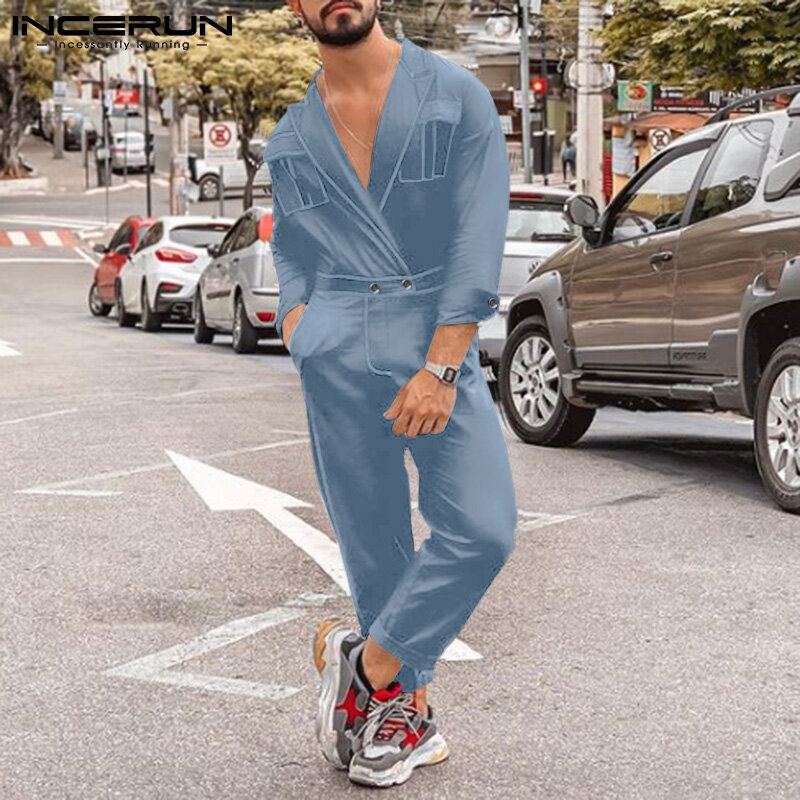 Incerun estilo americano venda quente novos homens sexy sólida calças siamesas moda de manga comprida casual streetwear macacão S-5XL 2021