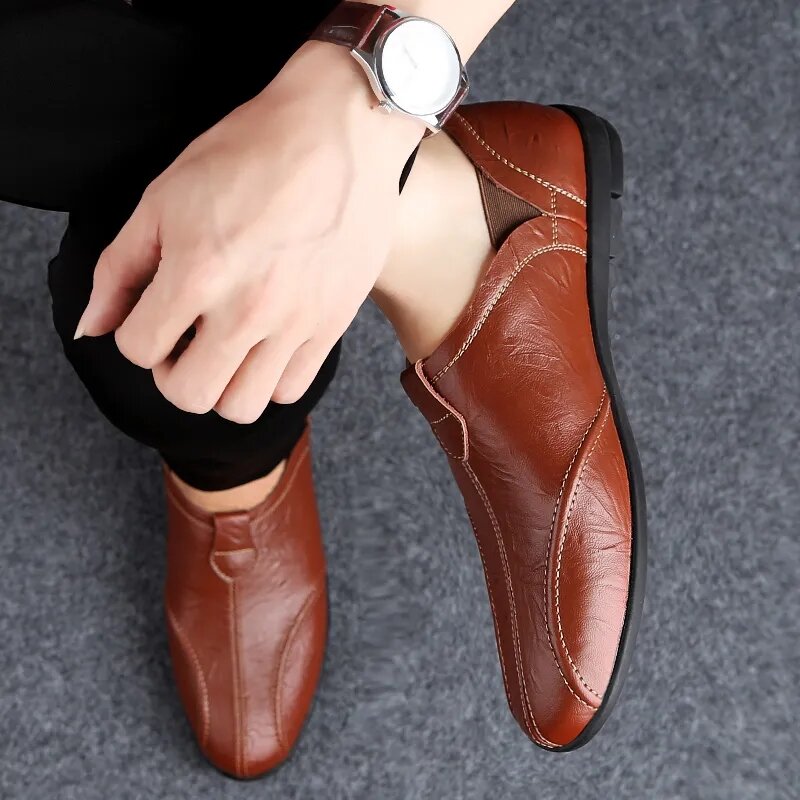 Classic Plain Brown Men's Dress Shoes for Men Casual Sneakers Drving Shoes Male Rubber Wedge Loafers Lesiure Soft Moccasin Man