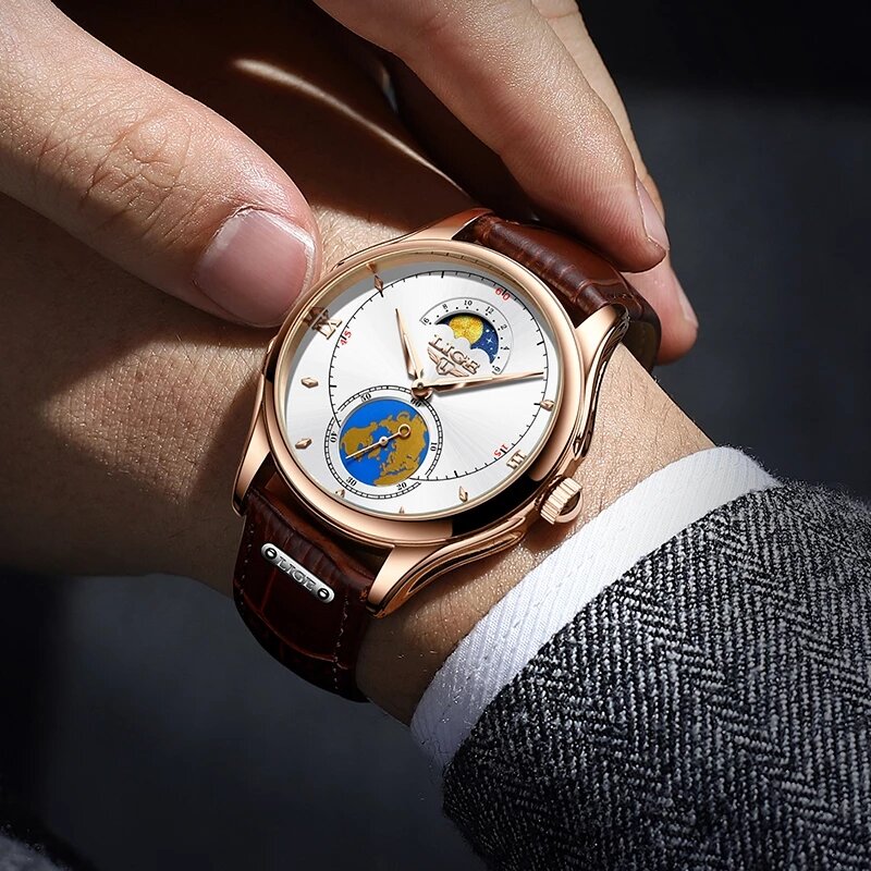 LIGE – montre de sport étanche pour hommes, bracelet en cuir, à Quartz, marque de luxe, avec boîte, 2022