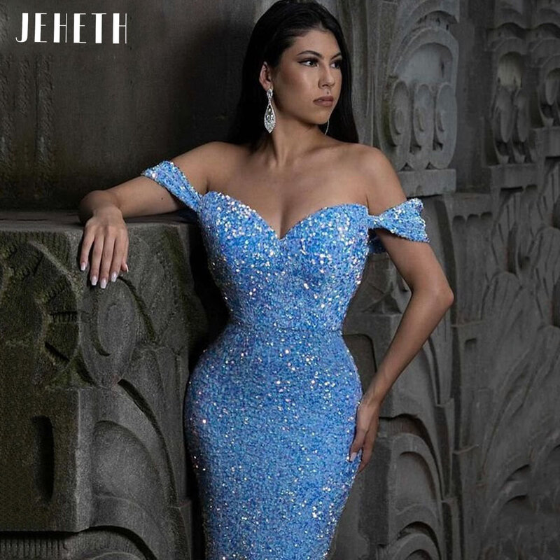 Женское вечернее платье с блестками JEHETH, синее платье с открытыми плечами и шлейфом, для выпускного вечера, 2022