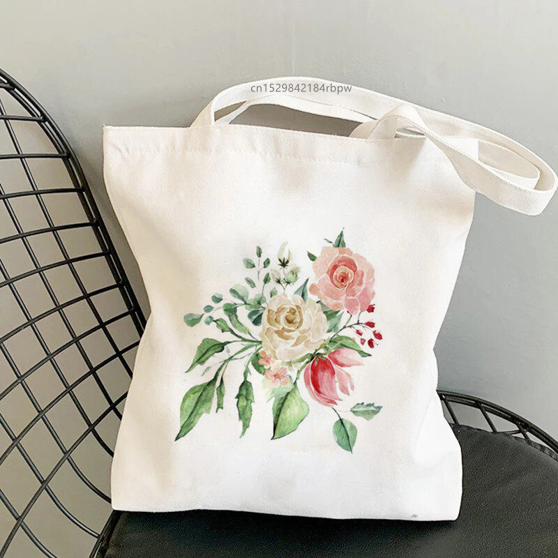 Bolso de compras informal para chicas, romántico ramo de flores de acuarela, bolso de hombro, bolso de lona elegante