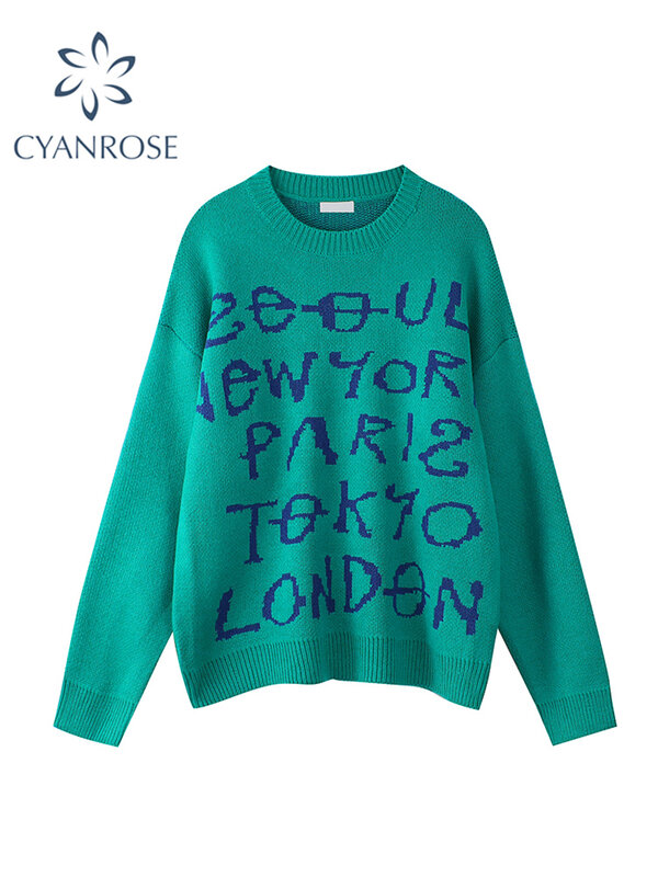 Suéter Vintage con letras estampadas para mujer, jerseys informales, Chic, moda Coreana de invierno, Jersey de punto suave suelto con cuello redondo, 2021