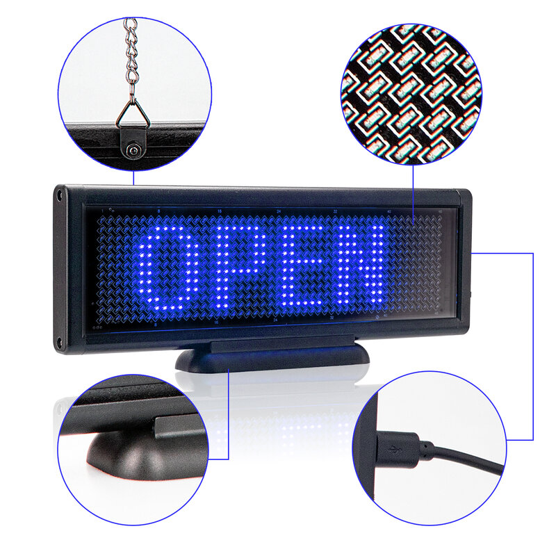 Mini display led sinal recarregável usb programável placa de mensagem portátil painel azul texto com base e corrente smd para o negócio