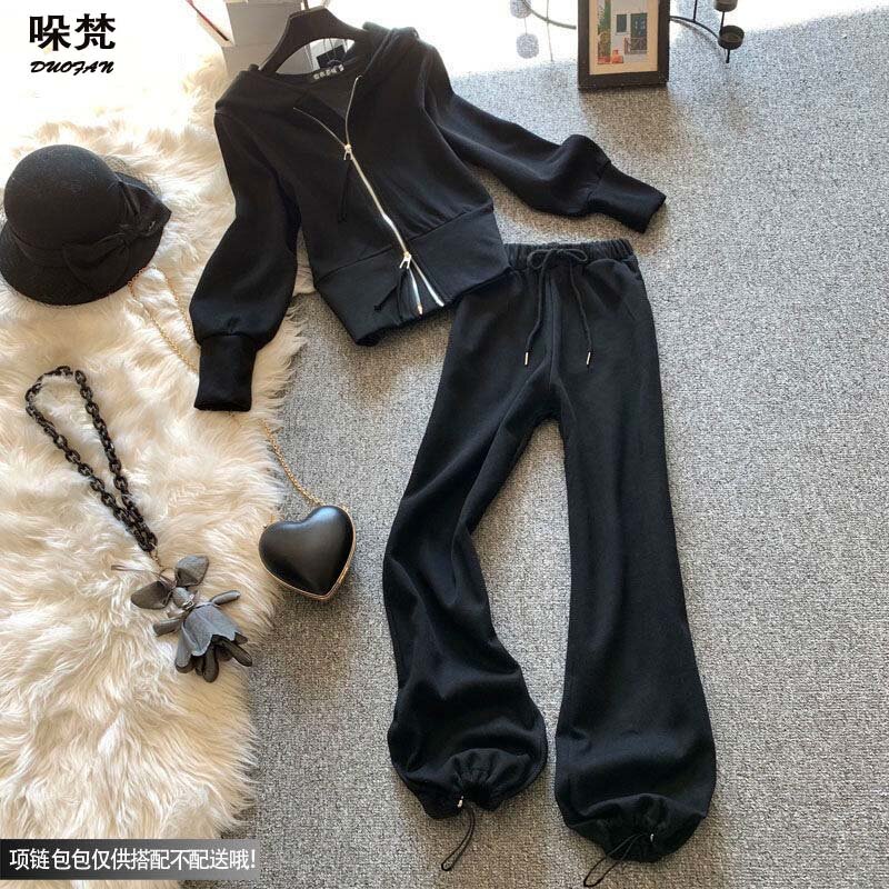 DUOFAN Women's Tracksuit Solid Color Woman Clothes Two-way Zipper Lantern Sleeve Hoodies And Wide Leg Drawstring Pants Sportwear