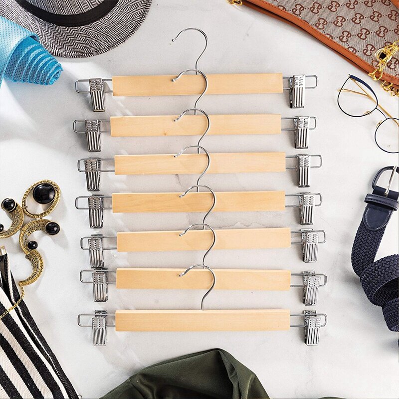 Wooden Skirt Hangers with Adjustable Clips (Pack of 10) Non-Slip Trouser Hanger Natural Finish Lotus Wood Pants hangers, 360 Deg