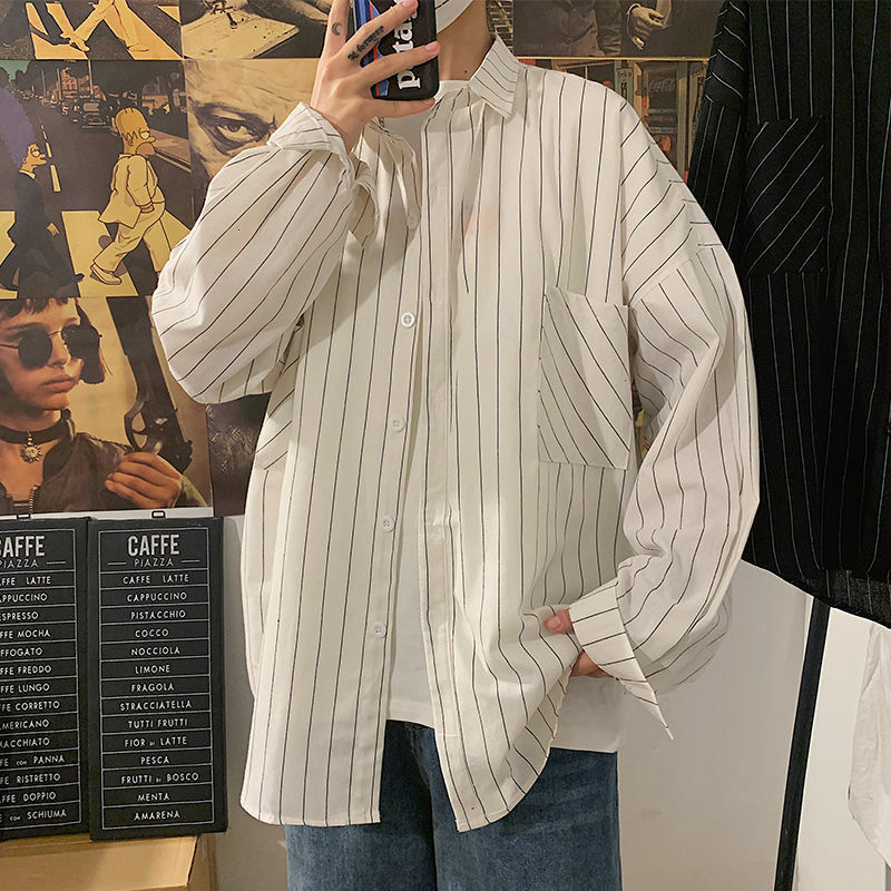 Czarne z białymi paskami koszule męskie 2021 Harajuku męskie koszule z długim rękawem topy Streetwear Man bluzka w za dużym rozmiarze
