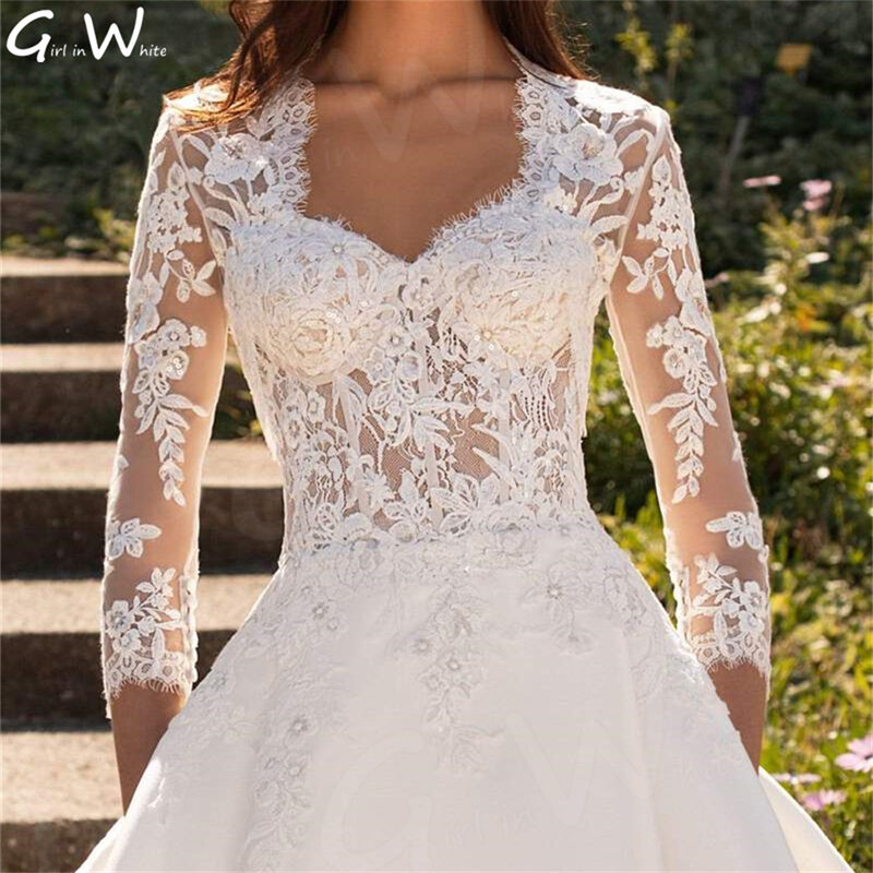 Modern Satin Sweetheart Wedding Dress Full Sleeve Lace Bride Gown A-line Elegant Bridal Robes Beach Vestido De Noiva