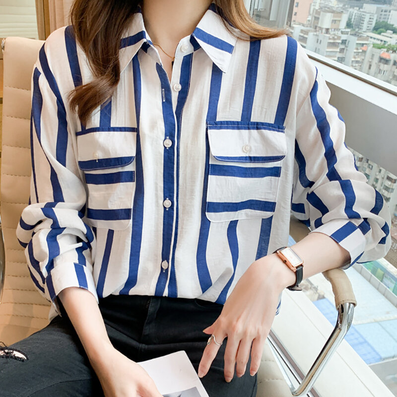 Pocket Striped Shirt Women Turn-Down Collar Chiffon Blouses Long Sleeve Tops Blouse Spring Autumn New Blusas Mujer De Moda 2021