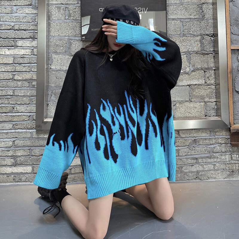 Women Loose Plus Size Flame Color Matching O Neck Knitted Sweater Pullover Tops