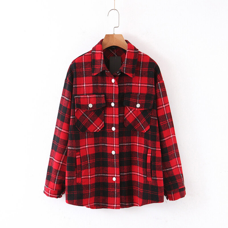 Retro Plaid Shirt Top Women Autumn And Winter Single-breasted Stand-up Collar Shirt Office Work Tops Retro Tops Shirts