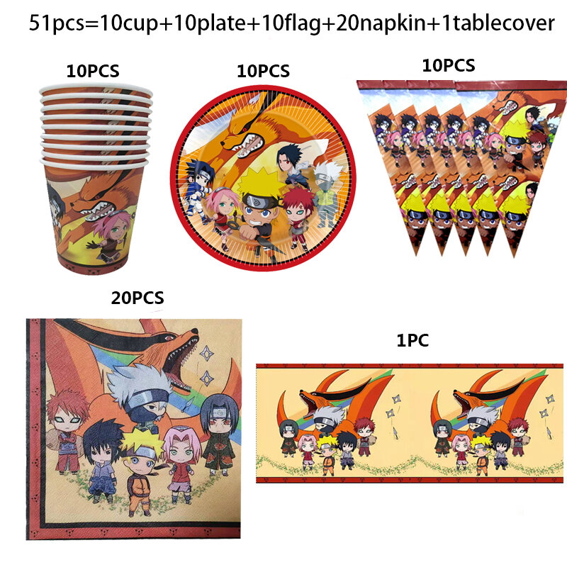 Dla 10 osób Naruto Theme Kids dekoracje na imprezę urodzinową jednorazowe zastawy stołowe papierowe kubki i talerze serwetki przybory dla niemowląt