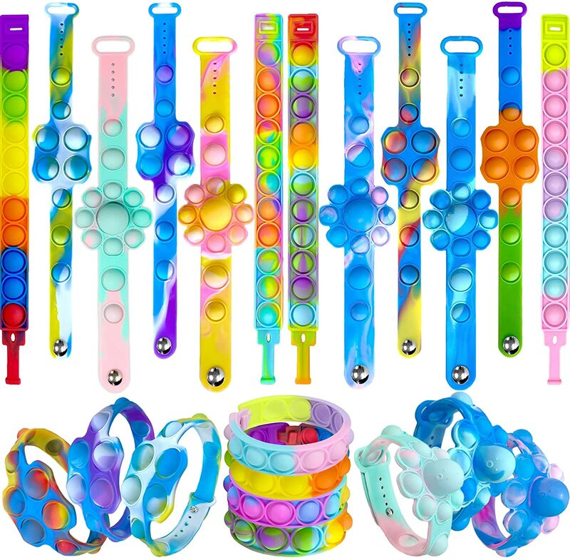 12 팩 팝 팔찌, 새로운 Fidget 포퍼 팔찌, 스트레스 릴리프 Wearable Fidget Toys Sets,Washable Multicolor Silicone