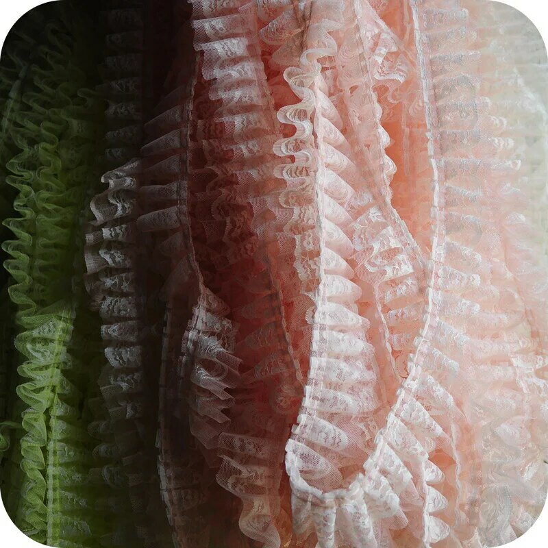 5cm de ancho Color de doble capa de pliegues de malla con volantes de tul cinta de encaje DIY ropa falda hogar textil decoración mascota ropa de la creación