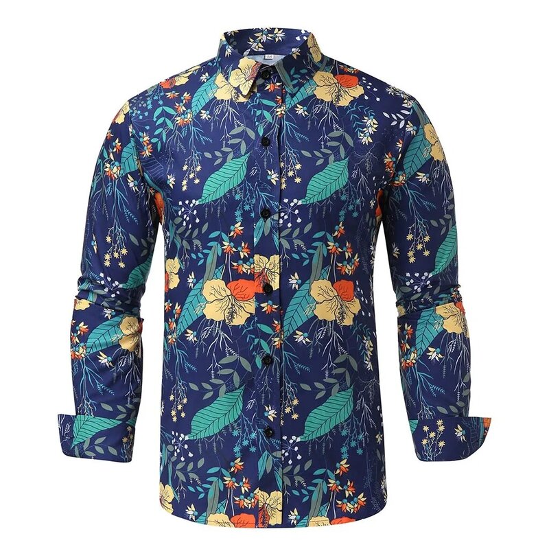 Męskie stylowe koszule przyczynowe długie rękawy nadruk w kwiaty koszula w stylu Vintage miękki wolny luźny krój bluzka typu Slim Top мужская рубашка